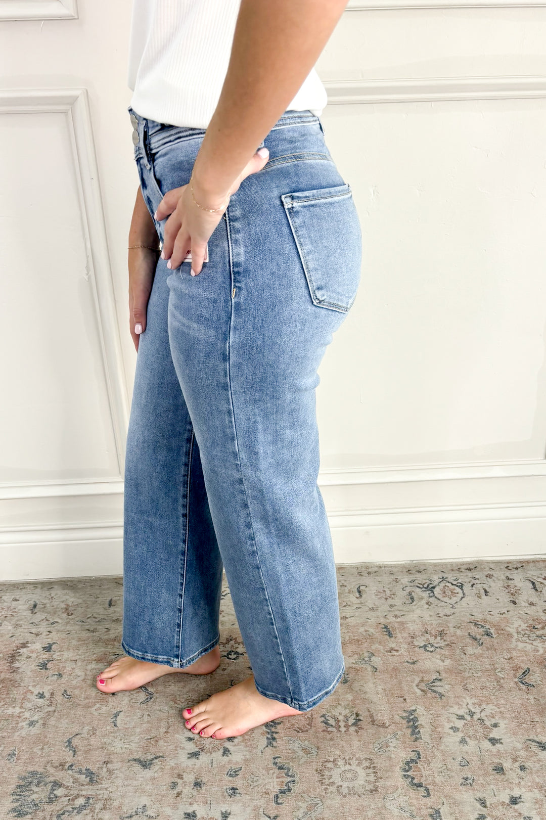 Risen - Bow Detail Adjustable Waist High Rise Crop Wide Jeans