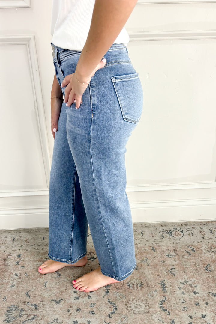 Risen - Bow Detail Adjustable Waist High Rise Crop Wide Jeans