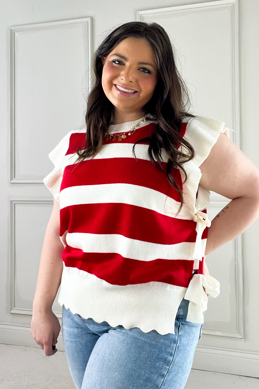 Bold Ribbon Detail Striped Ruffle Sweater