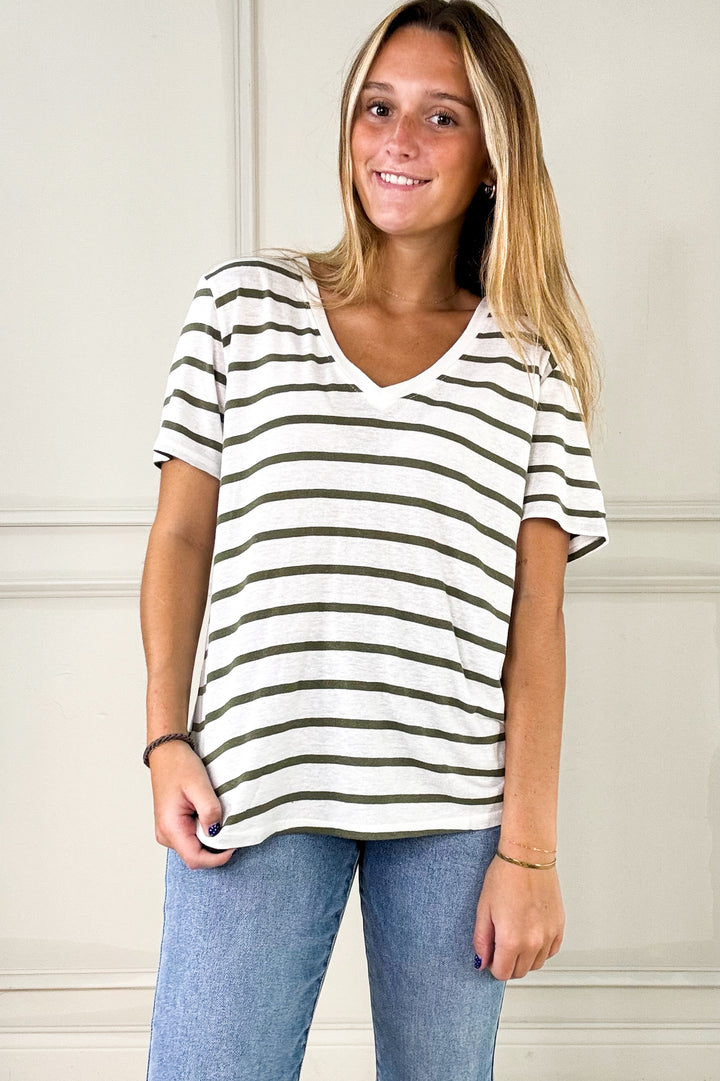 Linen Blend Stripe V-Neck Tee