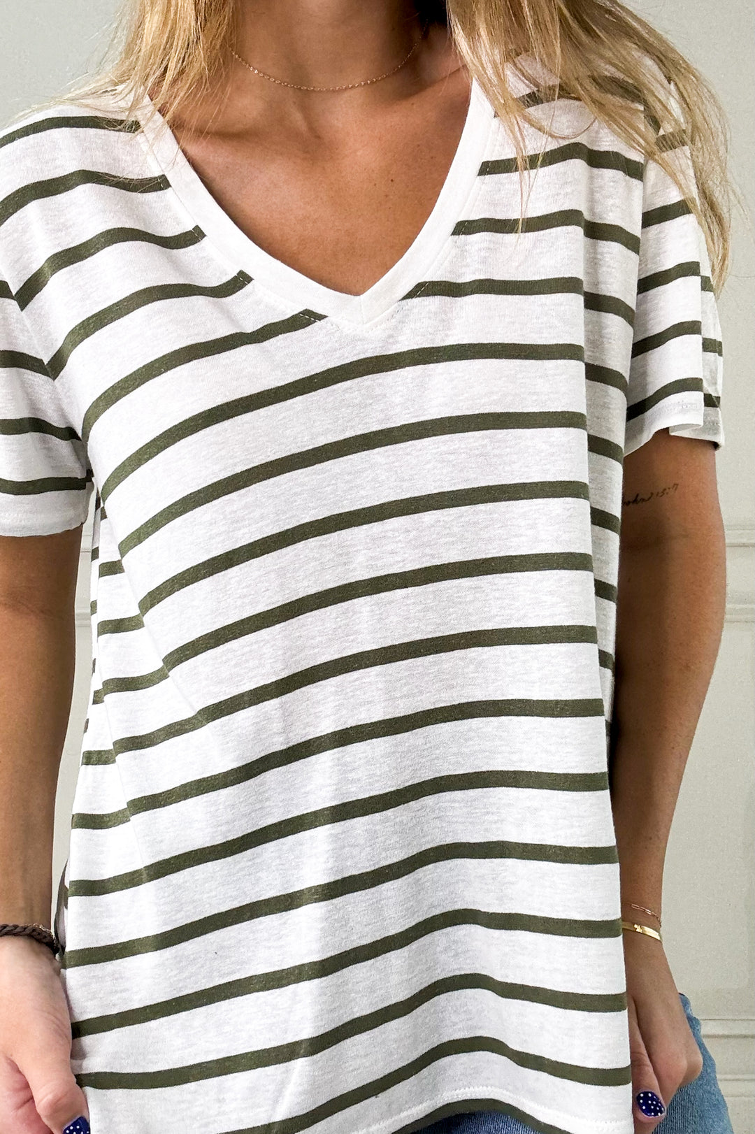 Linen Blend Stripe V-Neck Tee