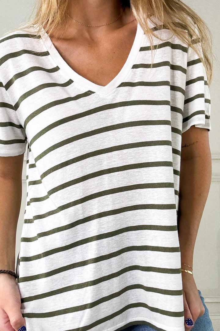 Linen Blend Stripe V-Neck Tee
