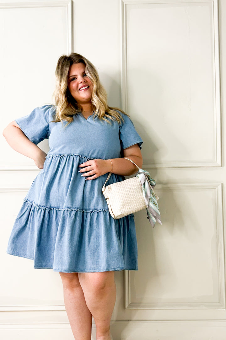 Washed Denim Tiered Babydoll Curvy Dress