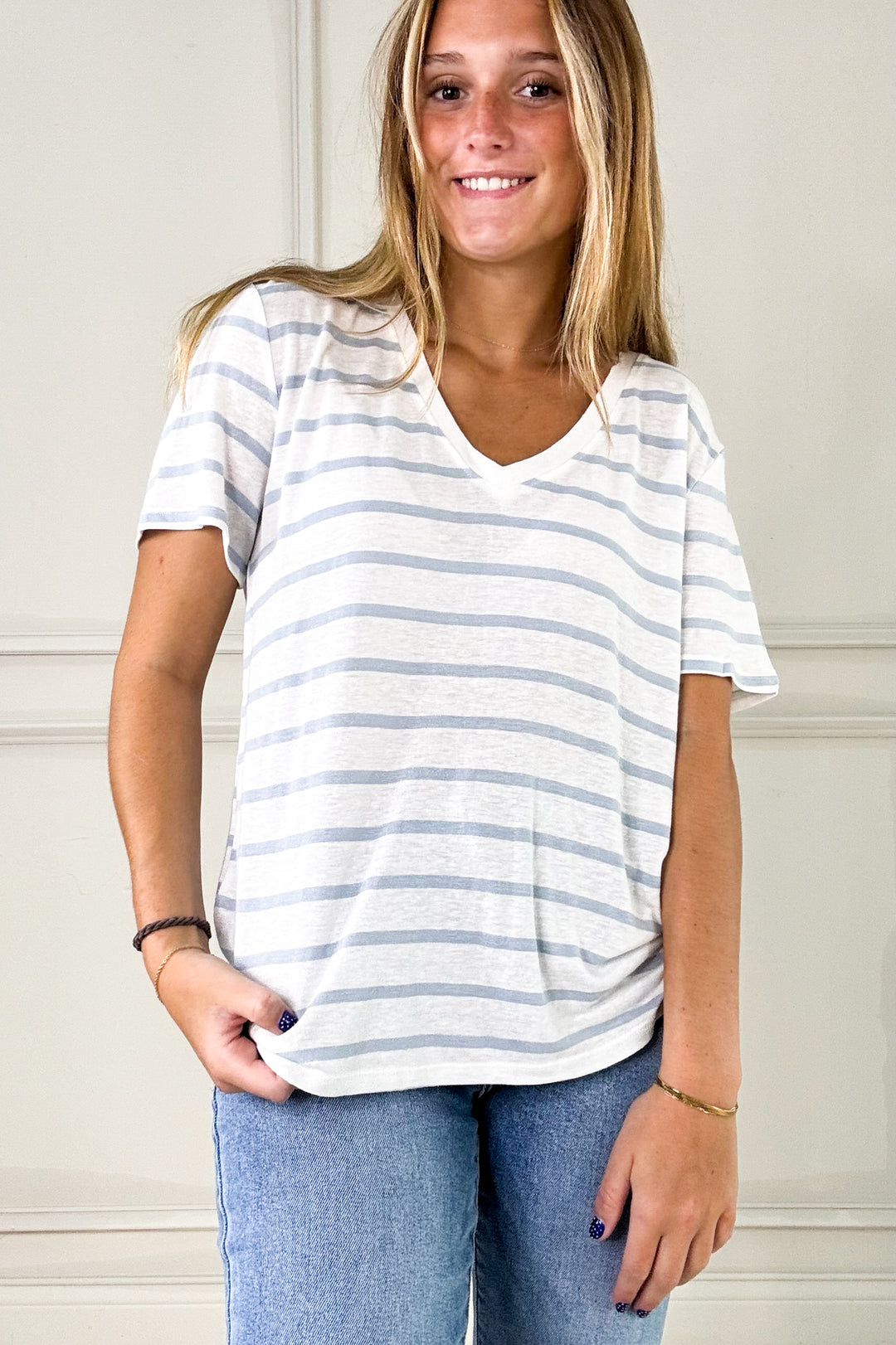 Linen Blend Stripe V-Neck Tee