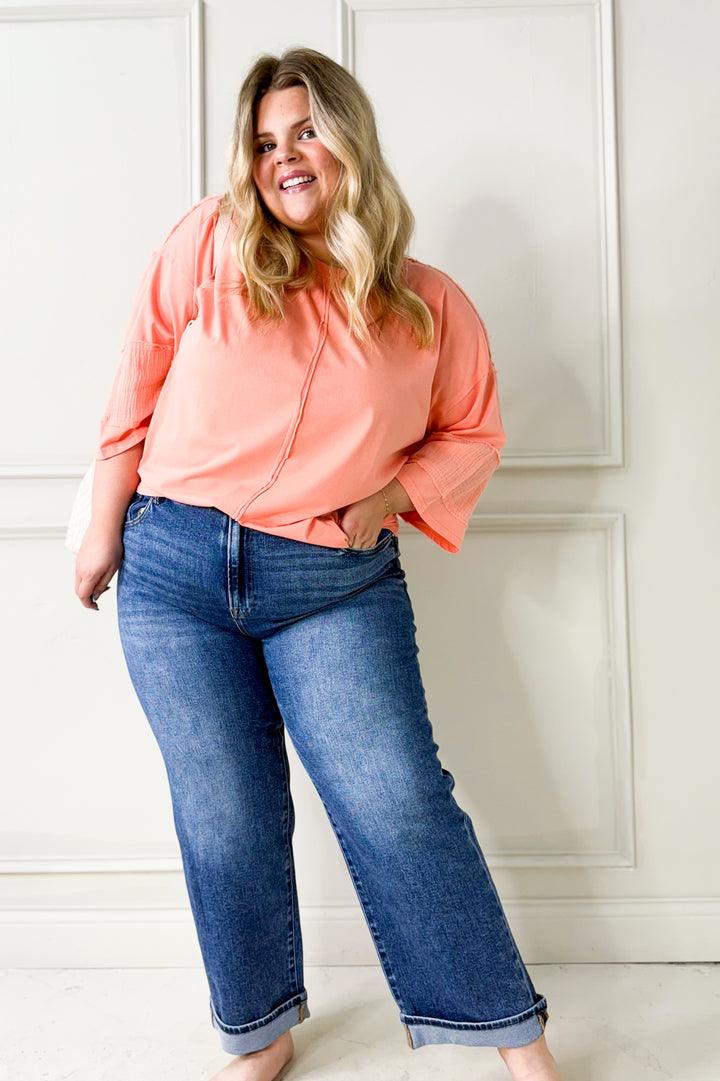 Acid Wash Seam Detail Curvy Pullover Top