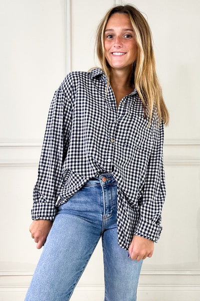 Navy Gingham Long Sleeve Button Up Shirt