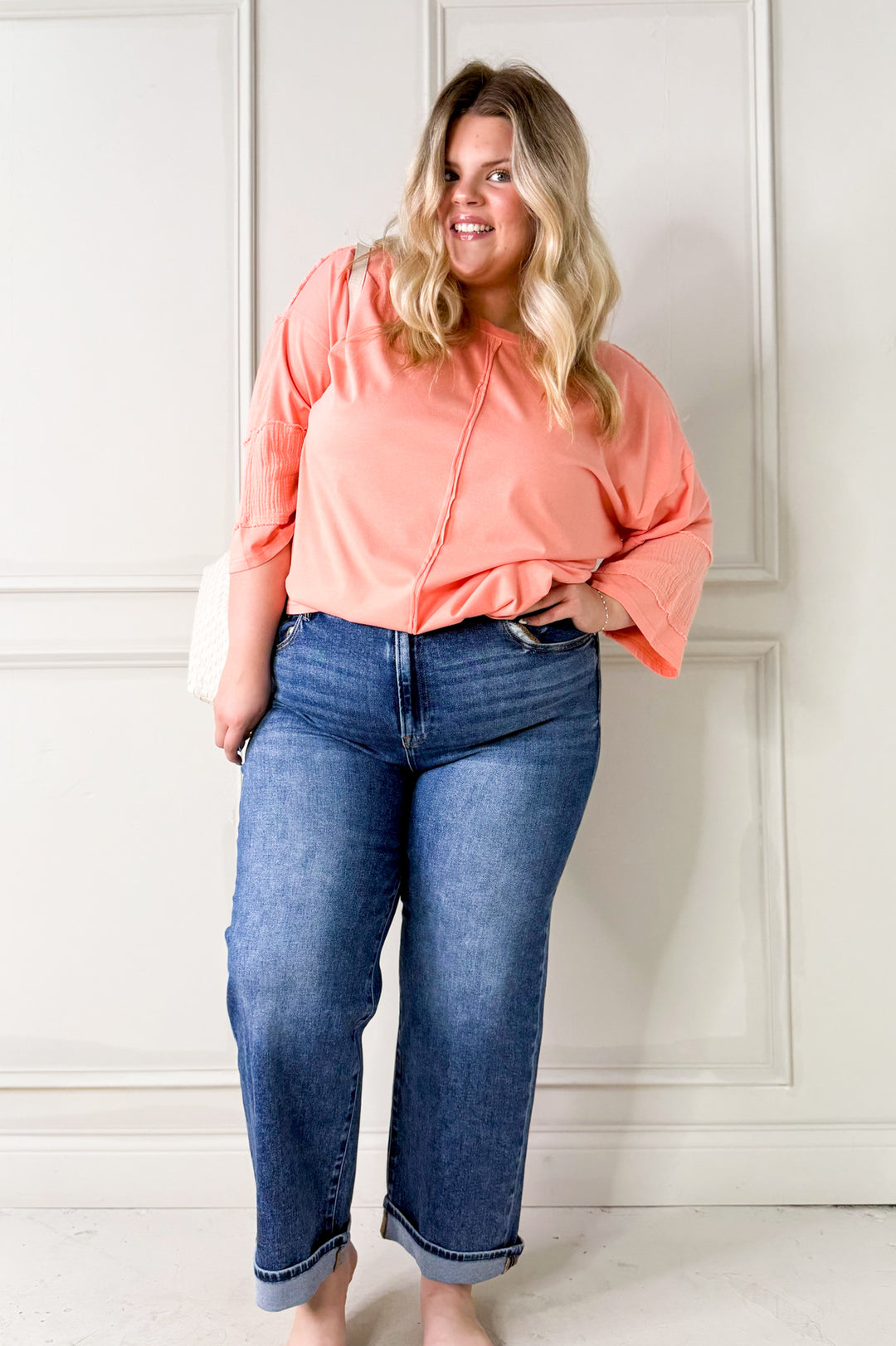 Acid Wash Seam Detail Curvy Pullover Top