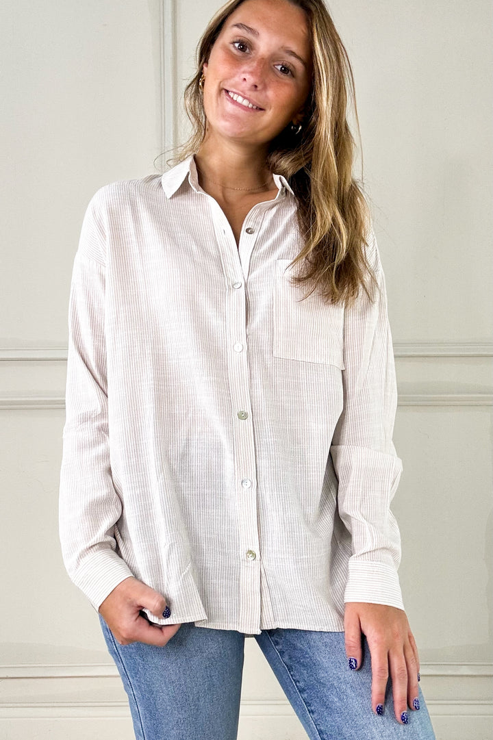 Hairline Striped Button Up Collared Blouse