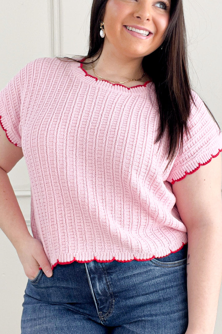 Contrast Scallop Detail Short Sleeve Sweater