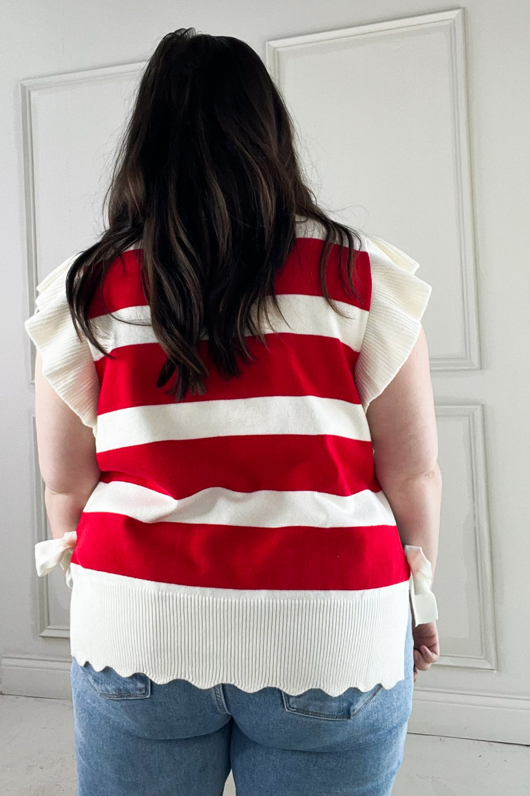 Bold Ribbon Detail Striped Ruffle Sweater