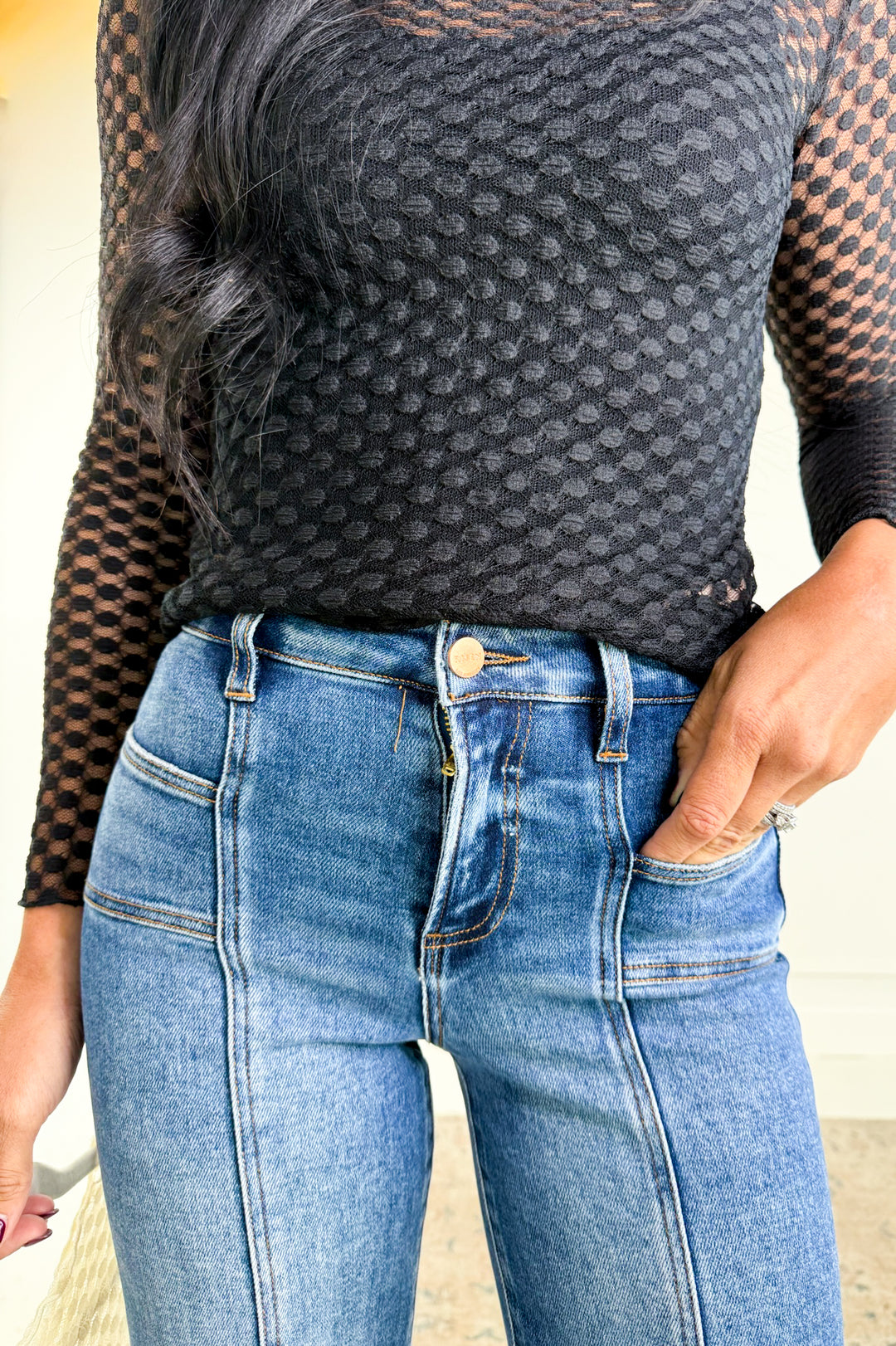 Long Sleeve Dot Lace Mesh Layering Top