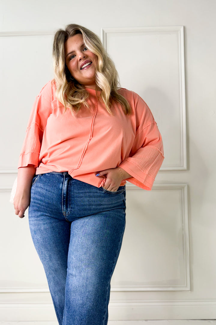 Acid Wash Seam Detail Curvy Pullover Top