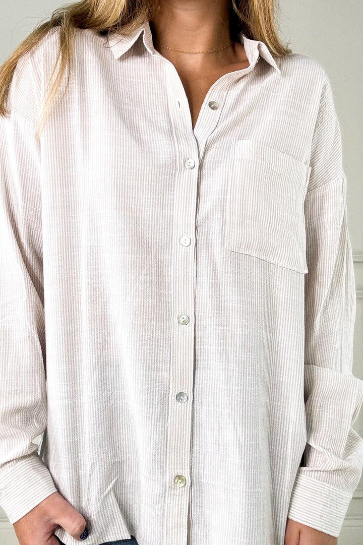 Hairline Striped Button Up Collared Blouse