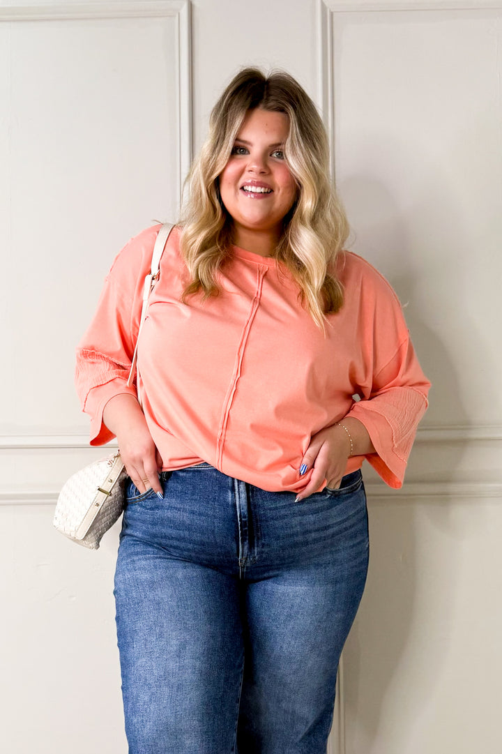 Acid Wash Seam Detail Curvy Pullover Top