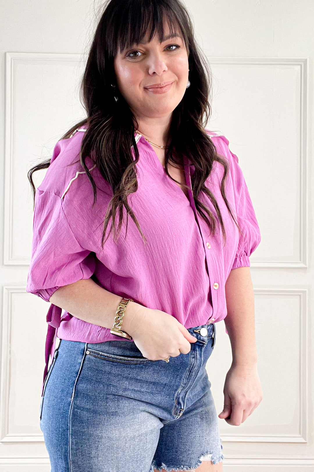 Scallop Collar Ribbon Tie Half Puff Sleeve Blouse