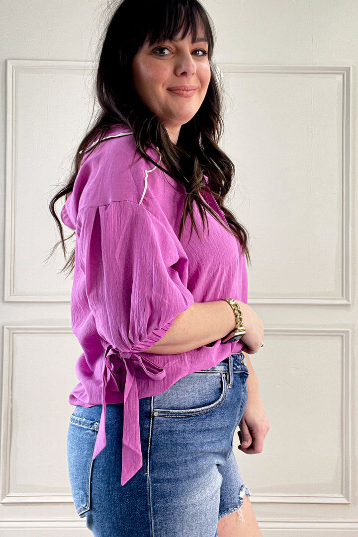 Scallop Collar Ribbon Tie Half Puff Sleeve Blouse