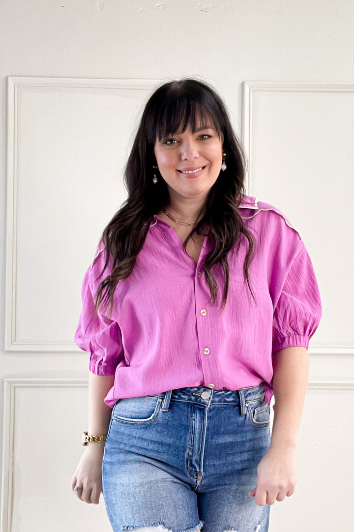 Scallop Collar Ribbon Tie Half Puff Sleeve Blouse