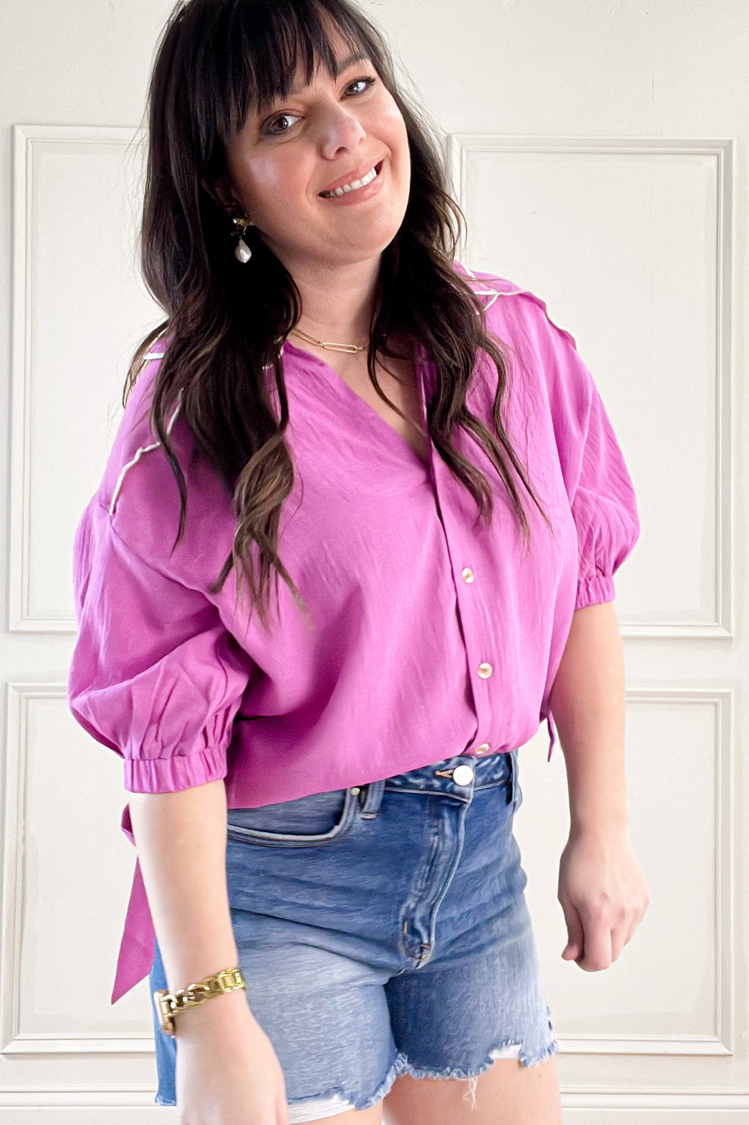 Scallop Collar Ribbon Tie Half Puff Sleeve Blouse