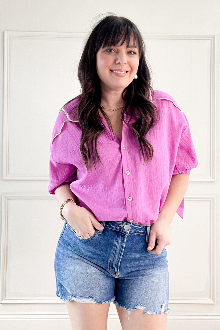 Scallop Collar Ribbon Tie Half Puff Sleeve Blouse