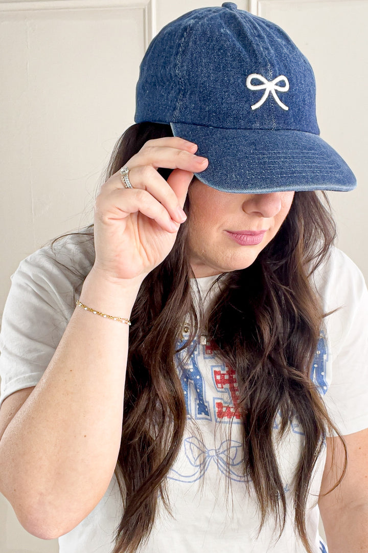 Embroidered Bow Denim Ball Cap