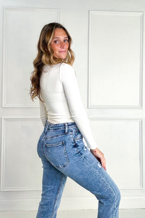 Ribbed Henley Long Sleeve Knit Top