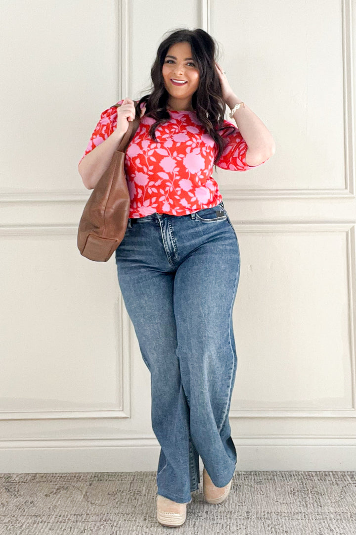 Bright Floral Shirring Detail Short Sleeve Top