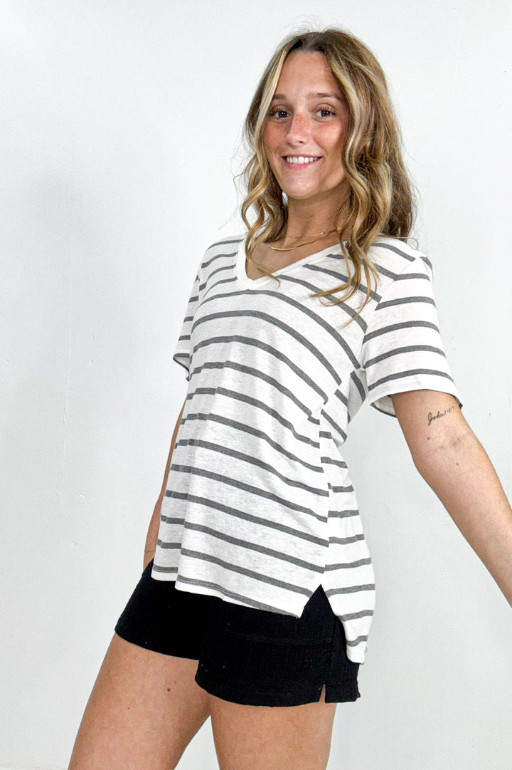 Linen Blend Stripe V-Neck Tee
