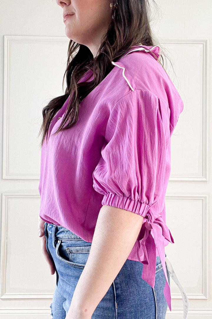 Scallop Collar Ribbon Tie Half Puff Sleeve Blouse