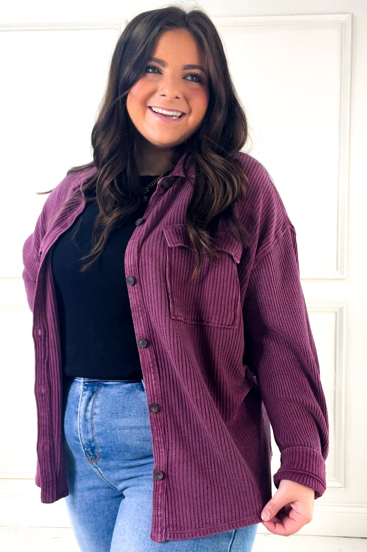 Oversized Mineral Washed Waffle Button-Up Jacket