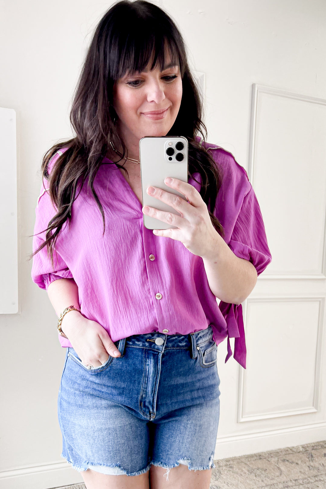 Scallop Collar Ribbon Tie Half Puff Sleeve Blouse