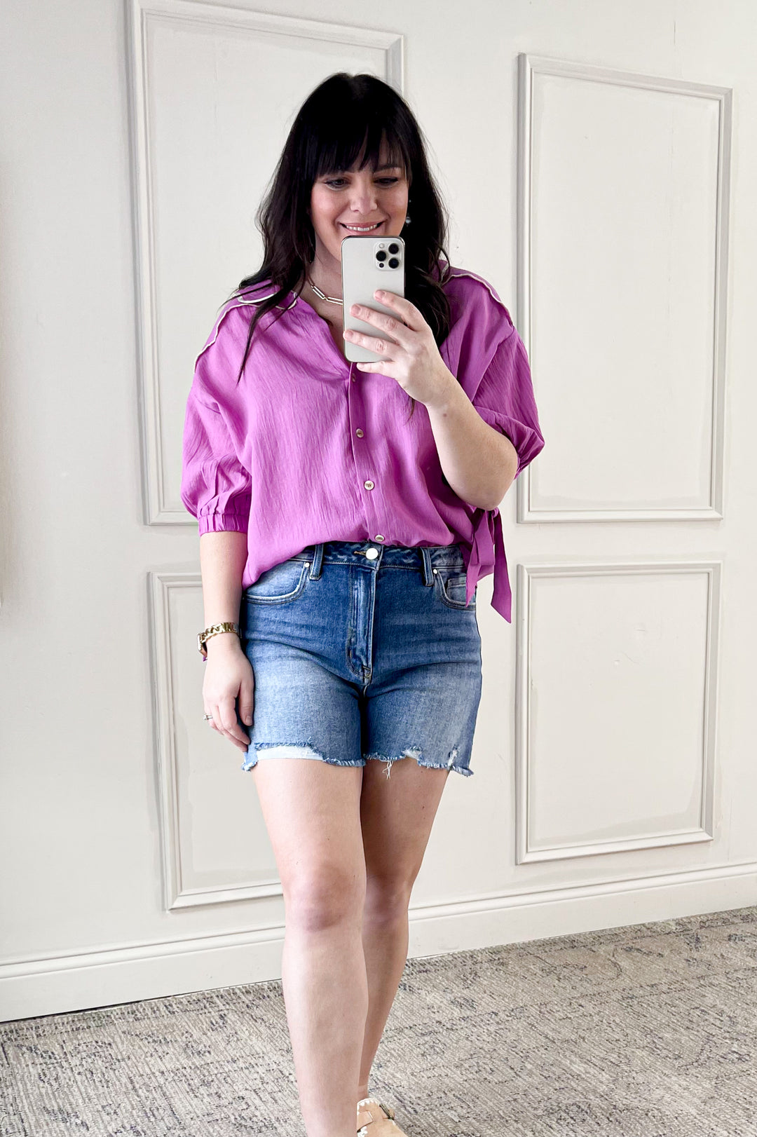 Scallop Collar Ribbon Tie Half Puff Sleeve Blouse