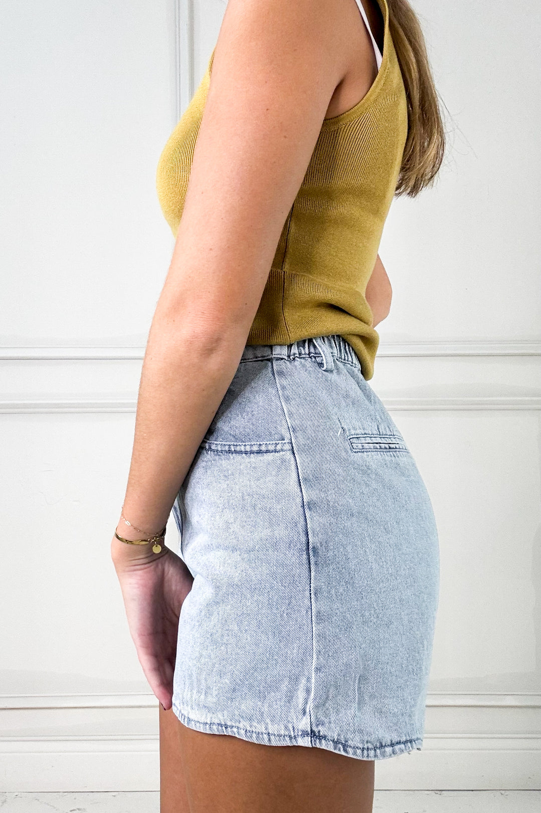 High Rise Denim Shorts With Scallop Hem