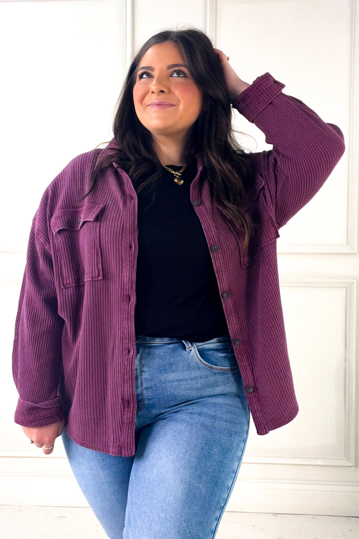 Oversized Mineral Washed Waffle Button-Up Jacket