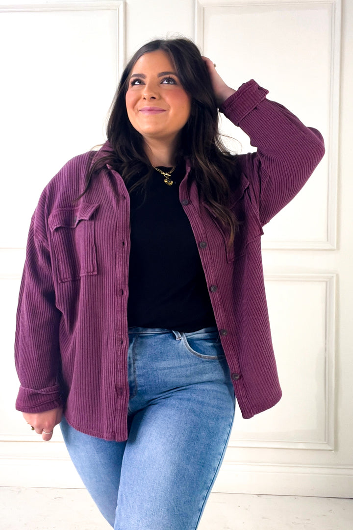 Oversized Mineral Washed Waffle Button-Up Jacket