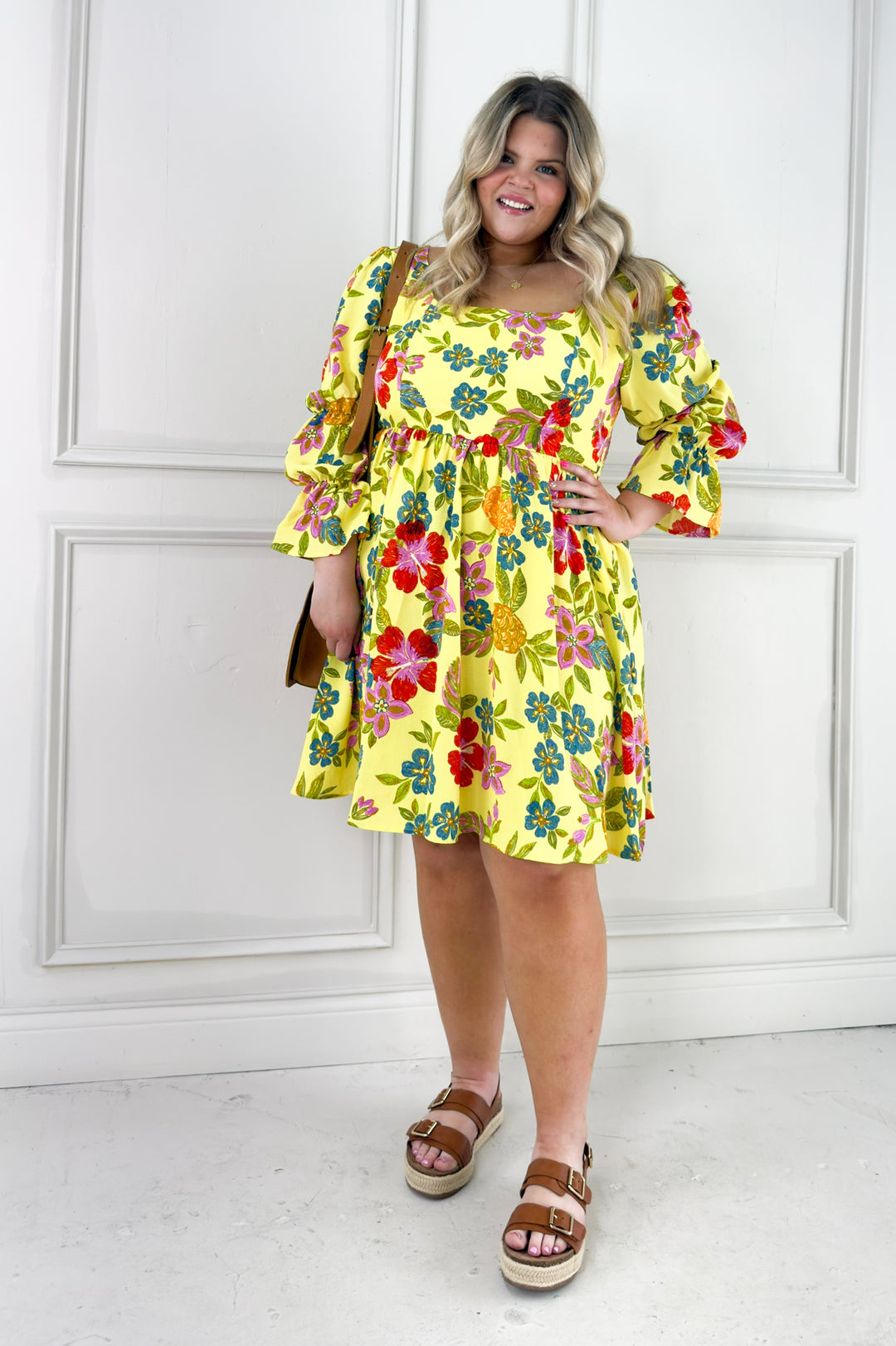 Bold Floral Embroidery Printed Mini Curvy Dress Nora Gray Bold Floral Embroidery Printed Mini Curvy Dress Nora Gray
