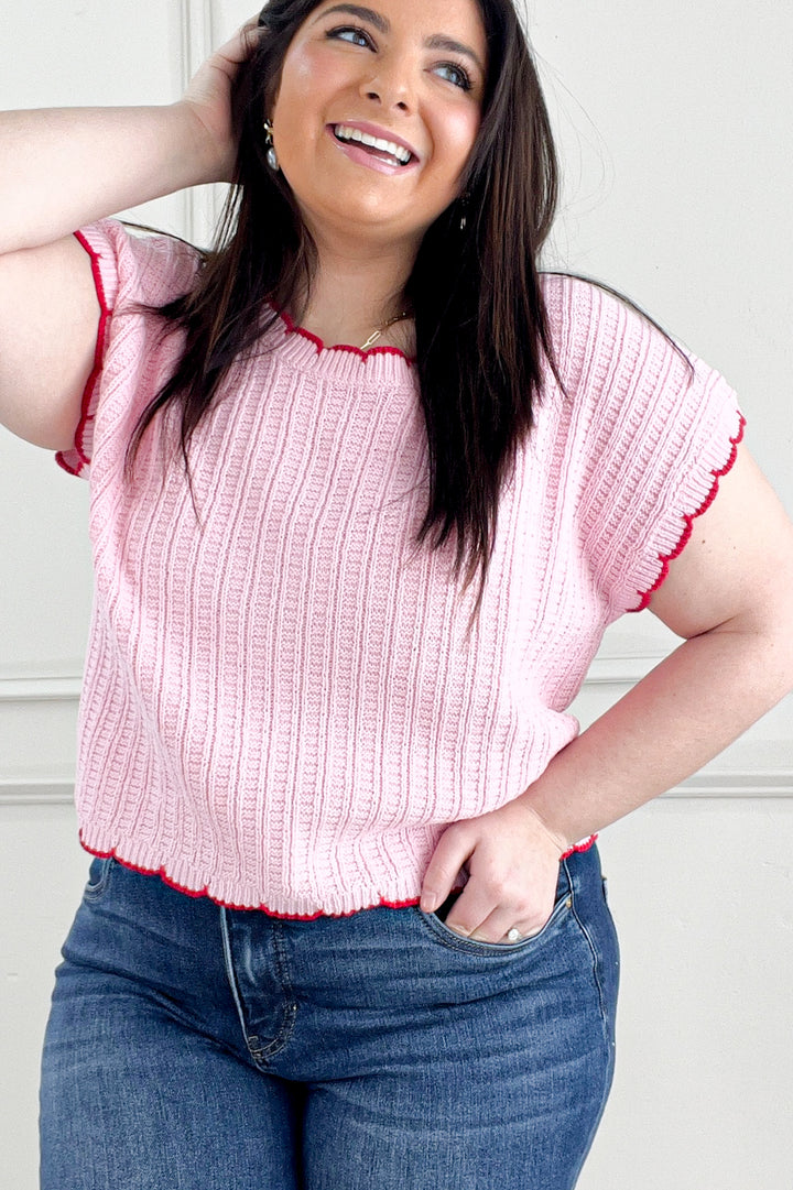 Contrast Scallop Detail Short Sleeve Sweater