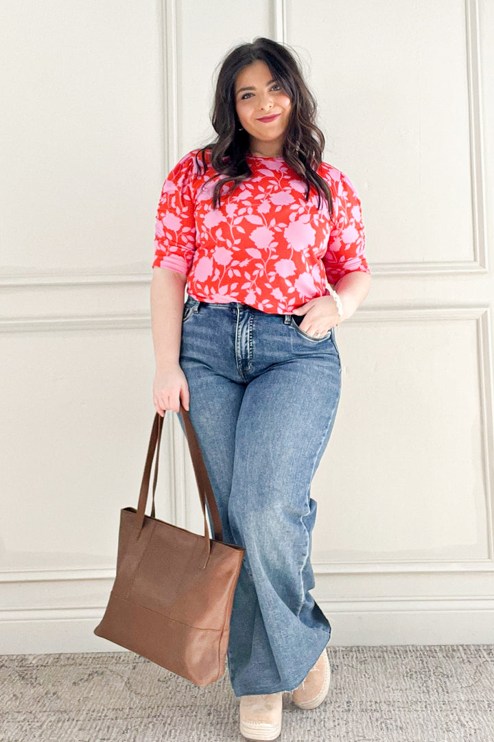 Bright Floral Shirring Detail Short Sleeve Top