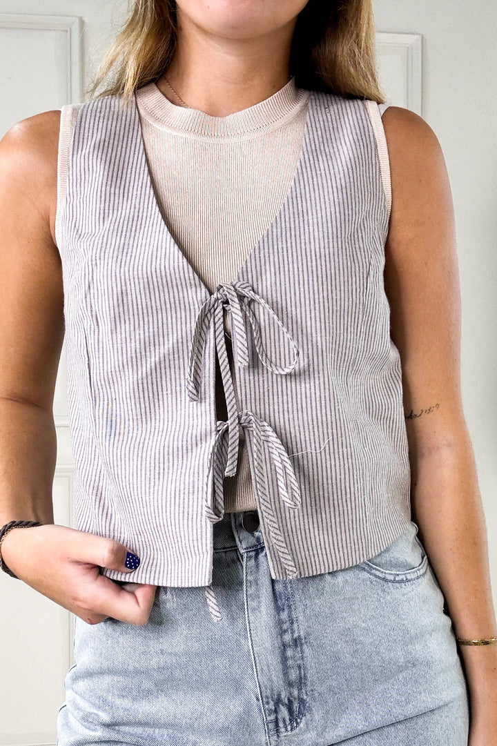 Pinstriped Double Front Tie Cotton Vest