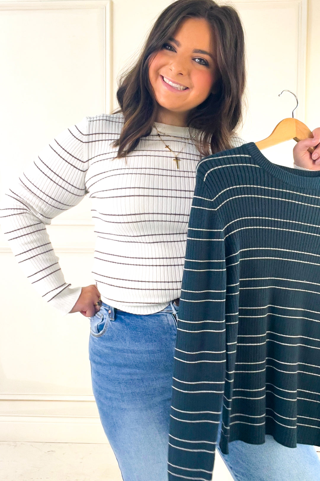 Double Stripe Crewneck Rib Sweater