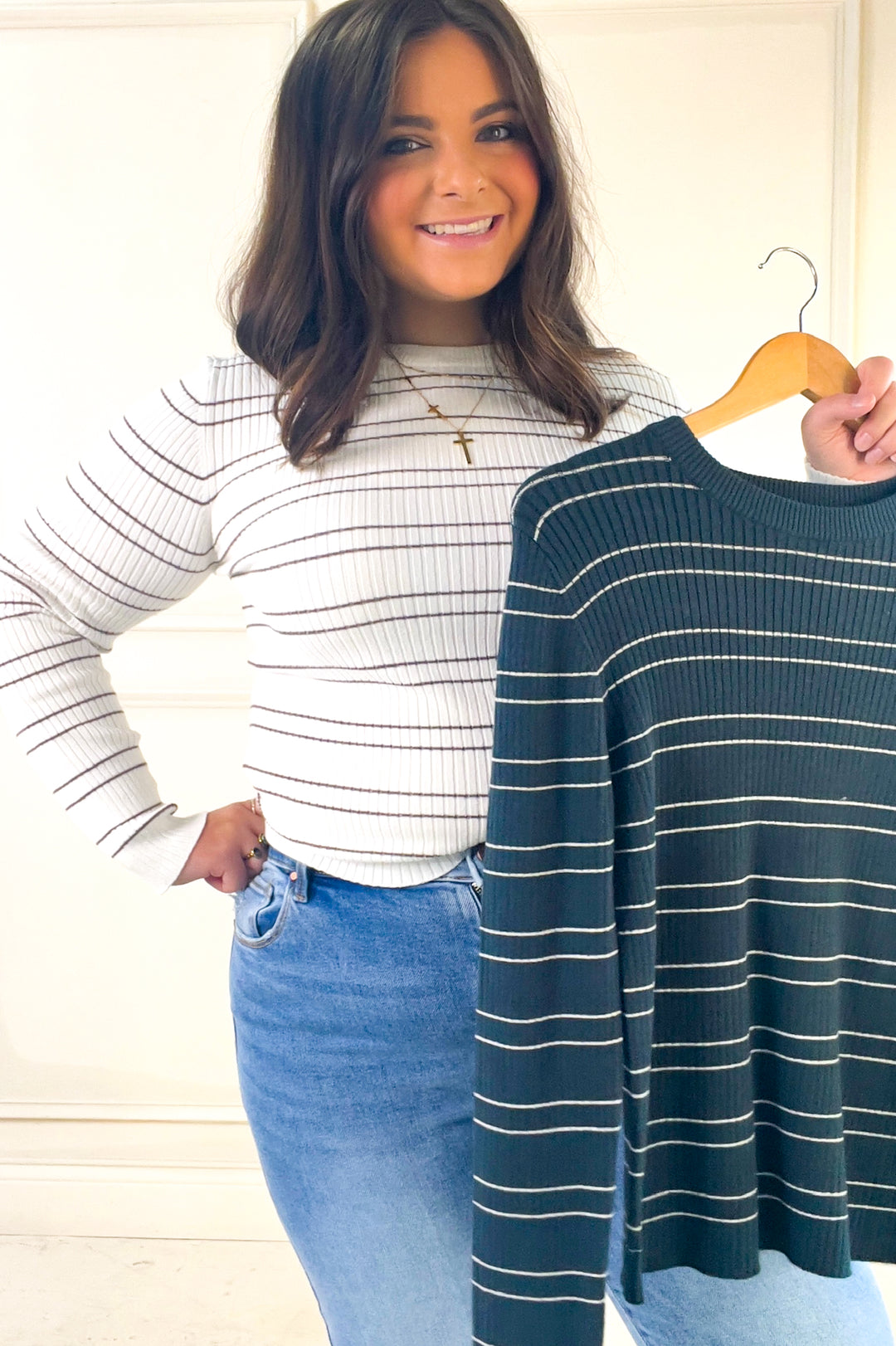 Double Stripe Crewneck Rib Sweater