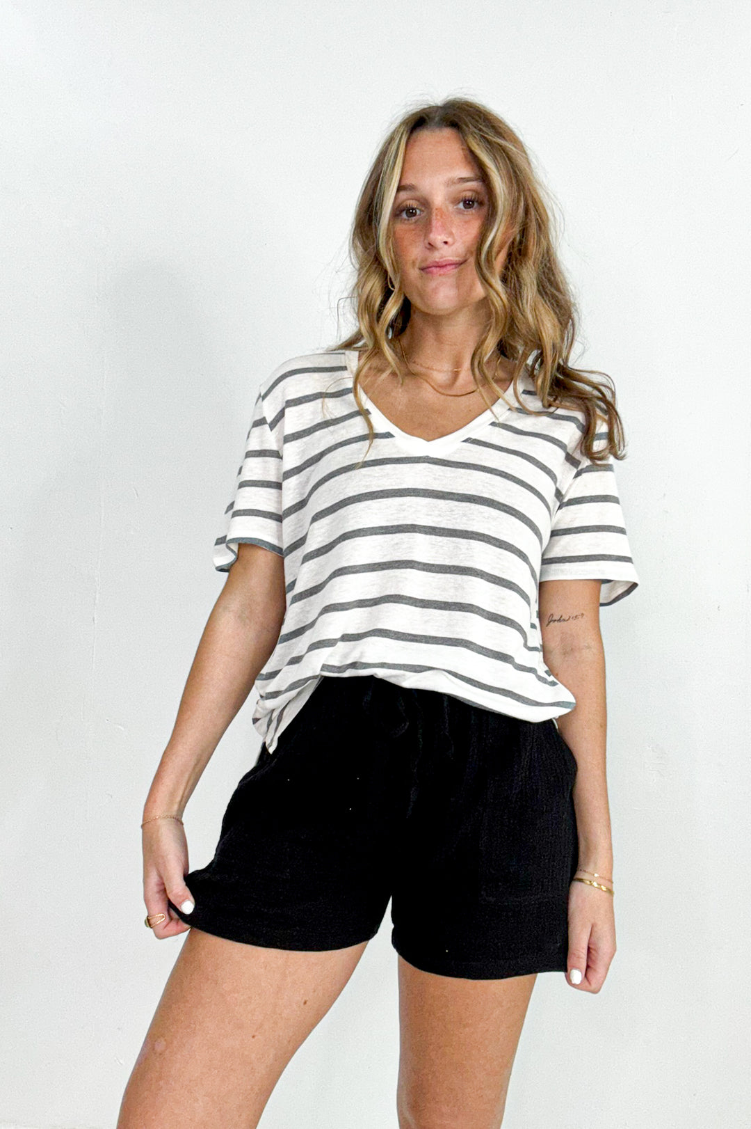 Linen Blend Stripe V-Neck Tee