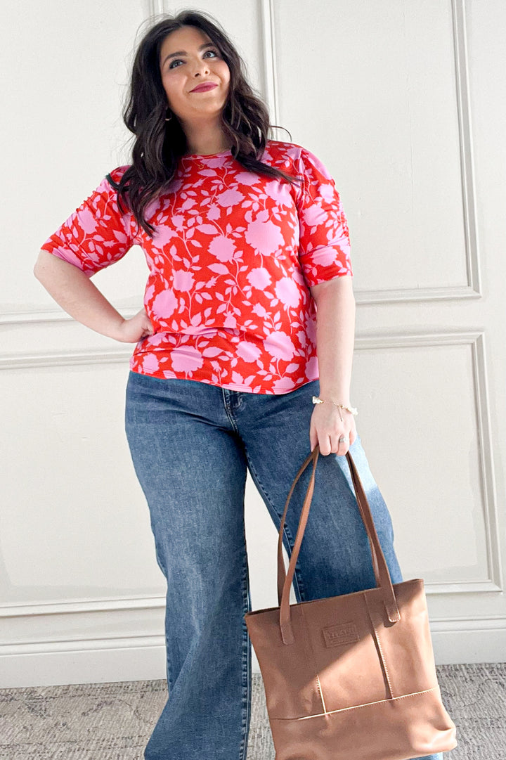 Bright Floral Shirring Detail Short Sleeve Top