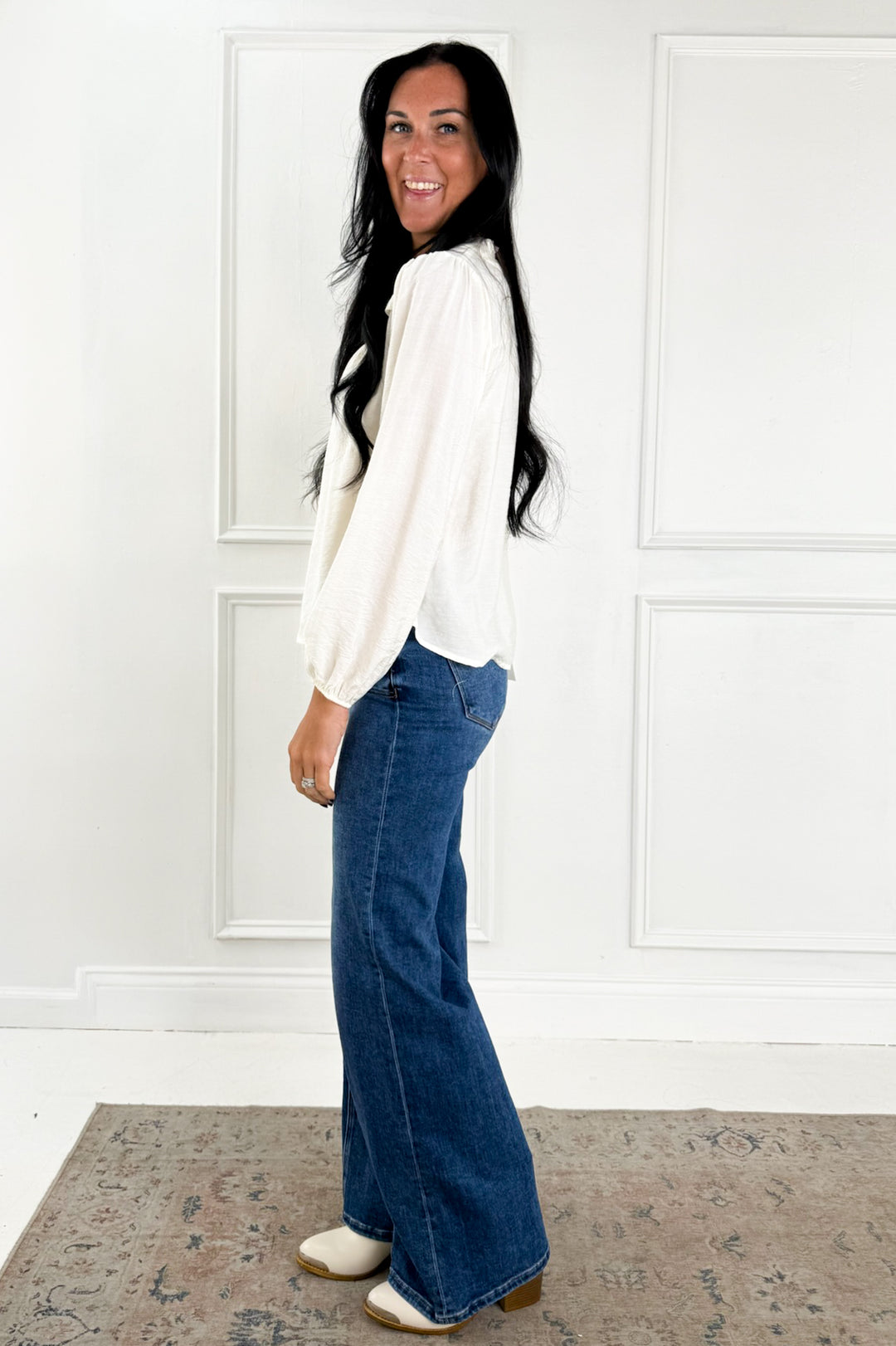 Ruffle Neck Button Down Long Sleeve Top