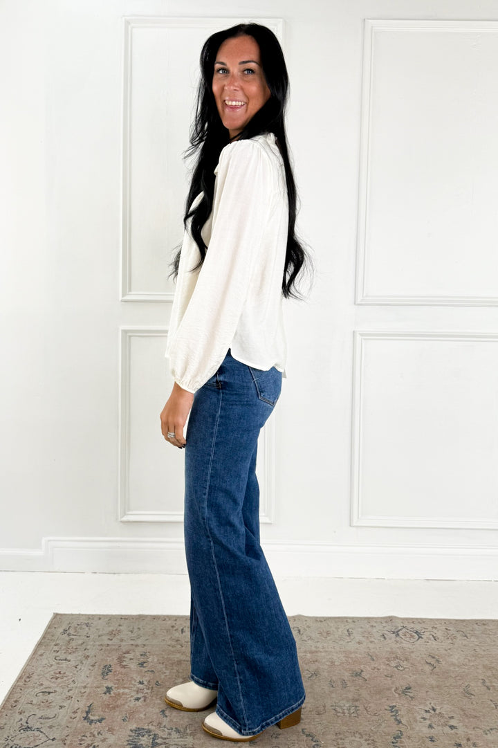 Ruffle Neck Button Down Long Sleeve Top