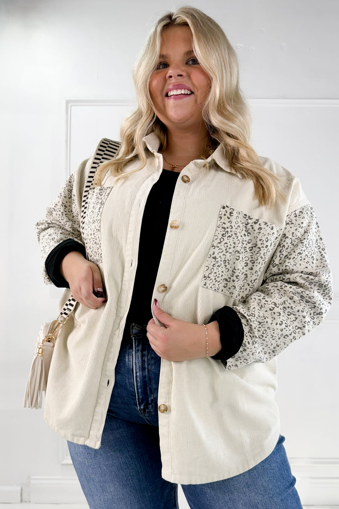 Corduroy & Animal Twill Mix Curvy Shacket