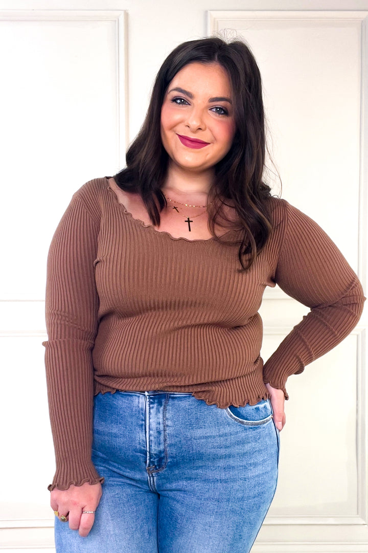 Ribbed Lettuce Trim Long Sleeve Top