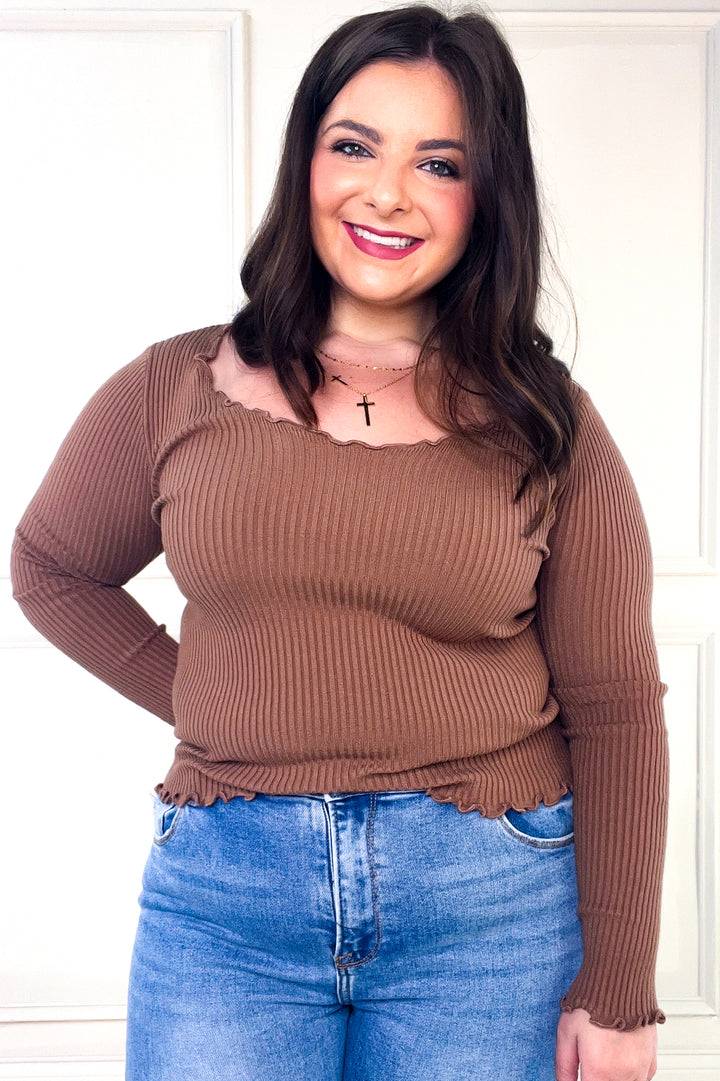 Ribbed Lettuce Trim Long Sleeve Top