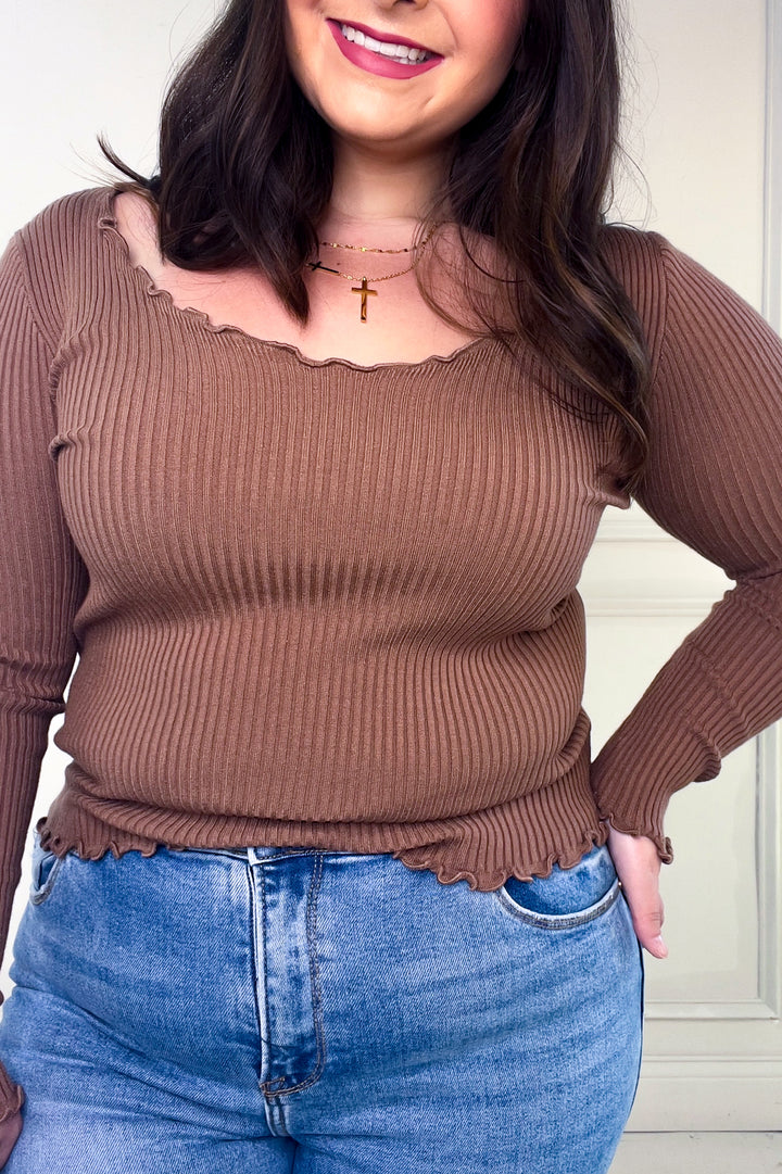 Ribbed Lettuce Trim Long Sleeve Top