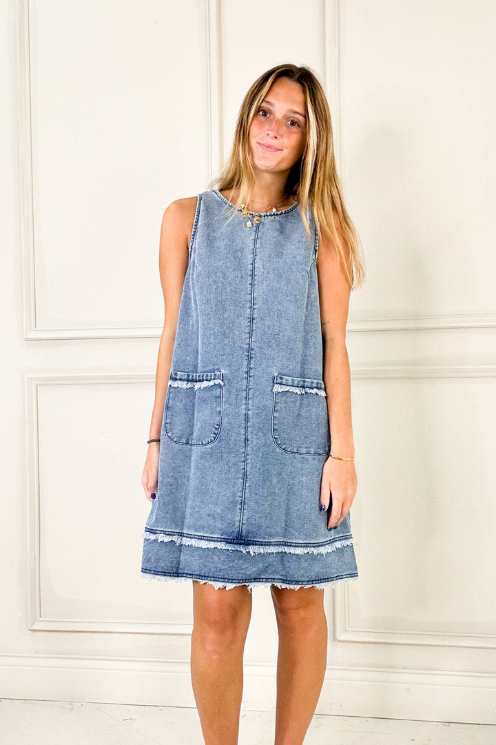 Denim Low Scoop Back Sleeveless Mini Dress
