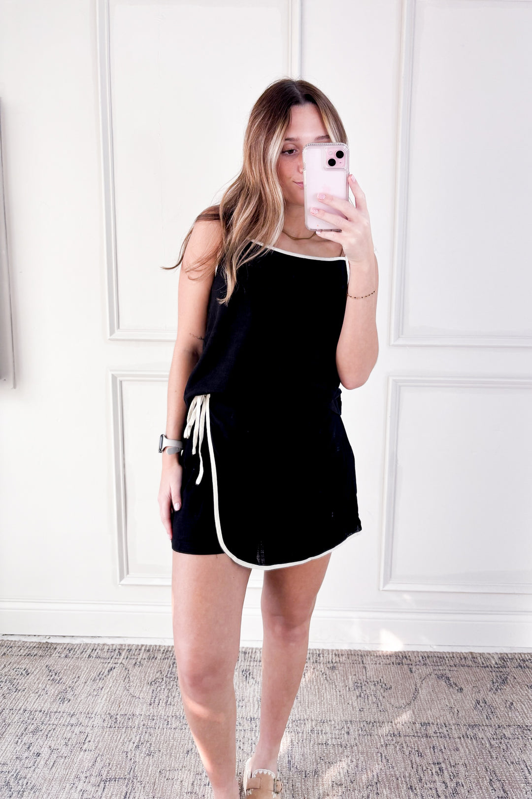 Arcadia Spaghetti Strap Piping Detail Linen Tank